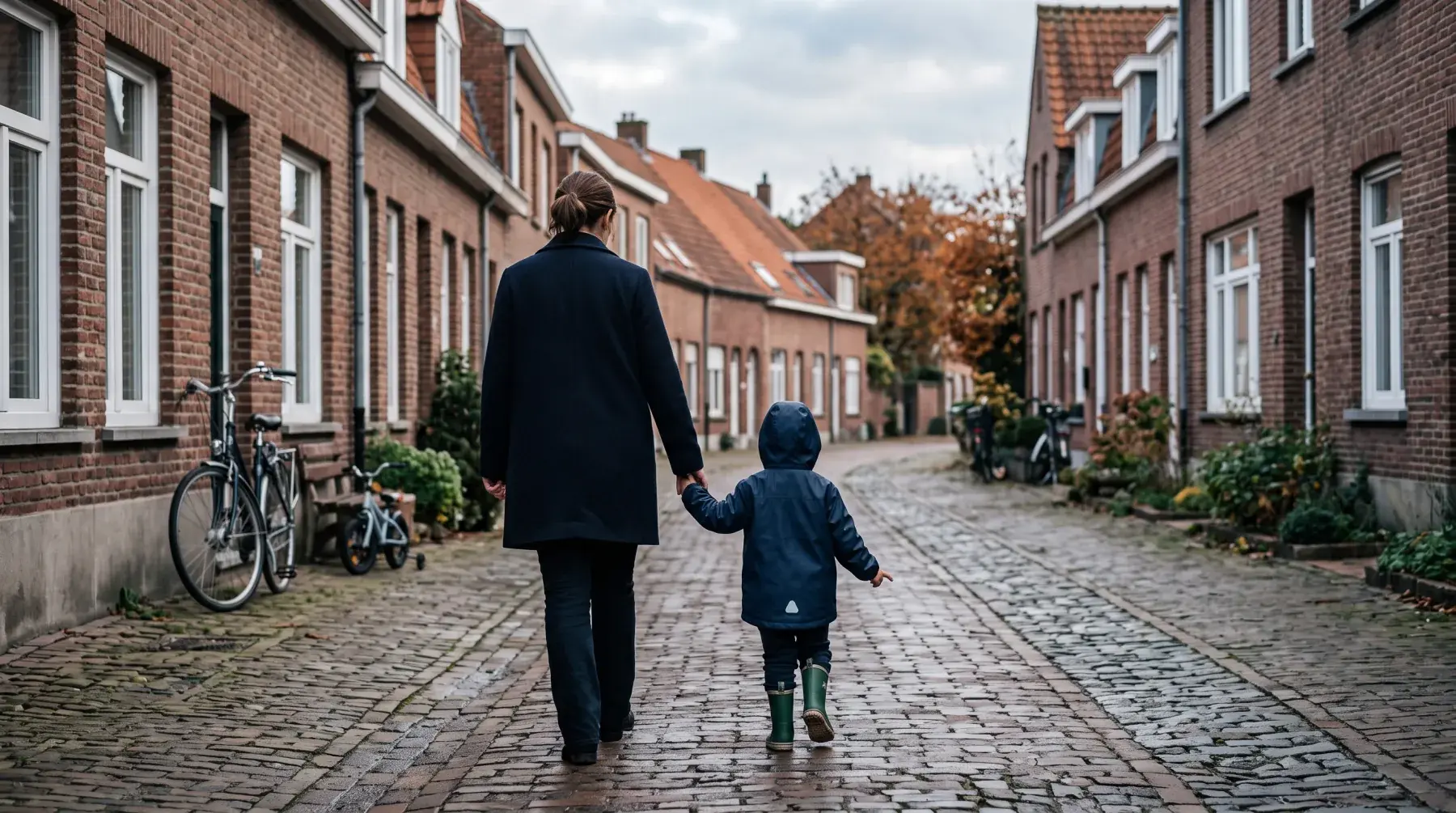 Ouder en kind wandelen hand in hand door een straat met bakstenen huizen