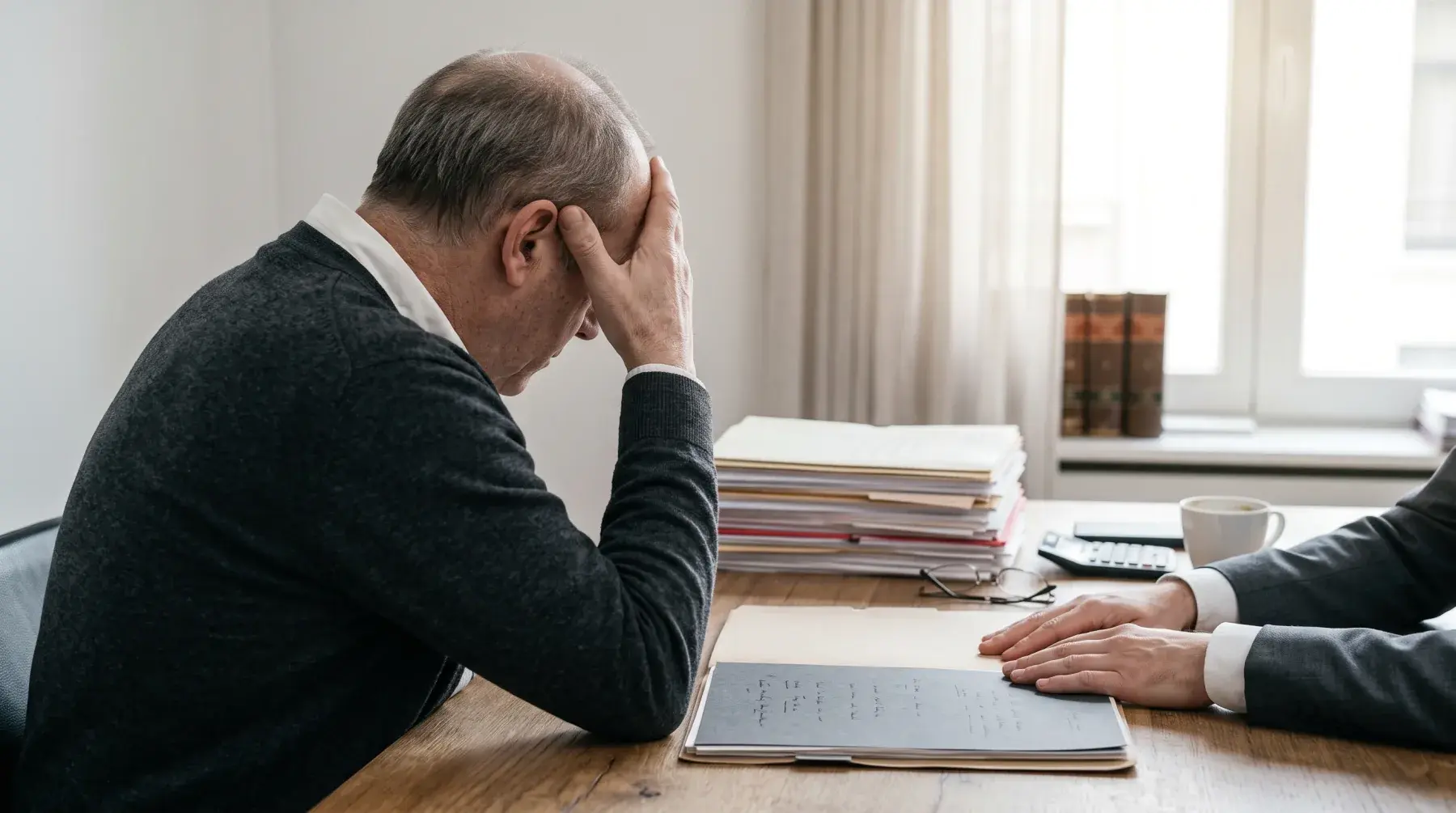 Man met de hand aan het hoofd aan een bureau met een stapel papierwerk